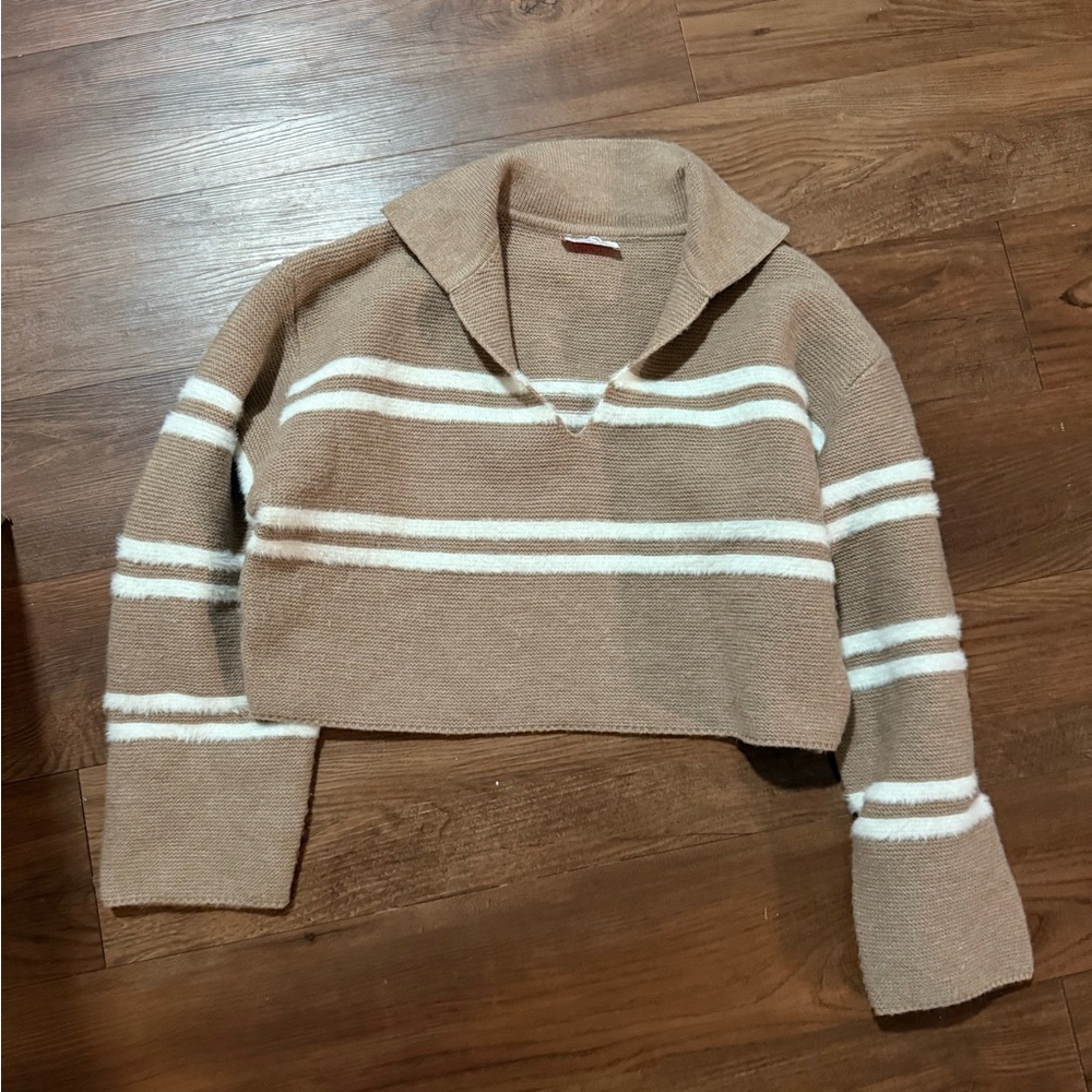 Butter Melon cropped Striped Tan Cropped Sweater
